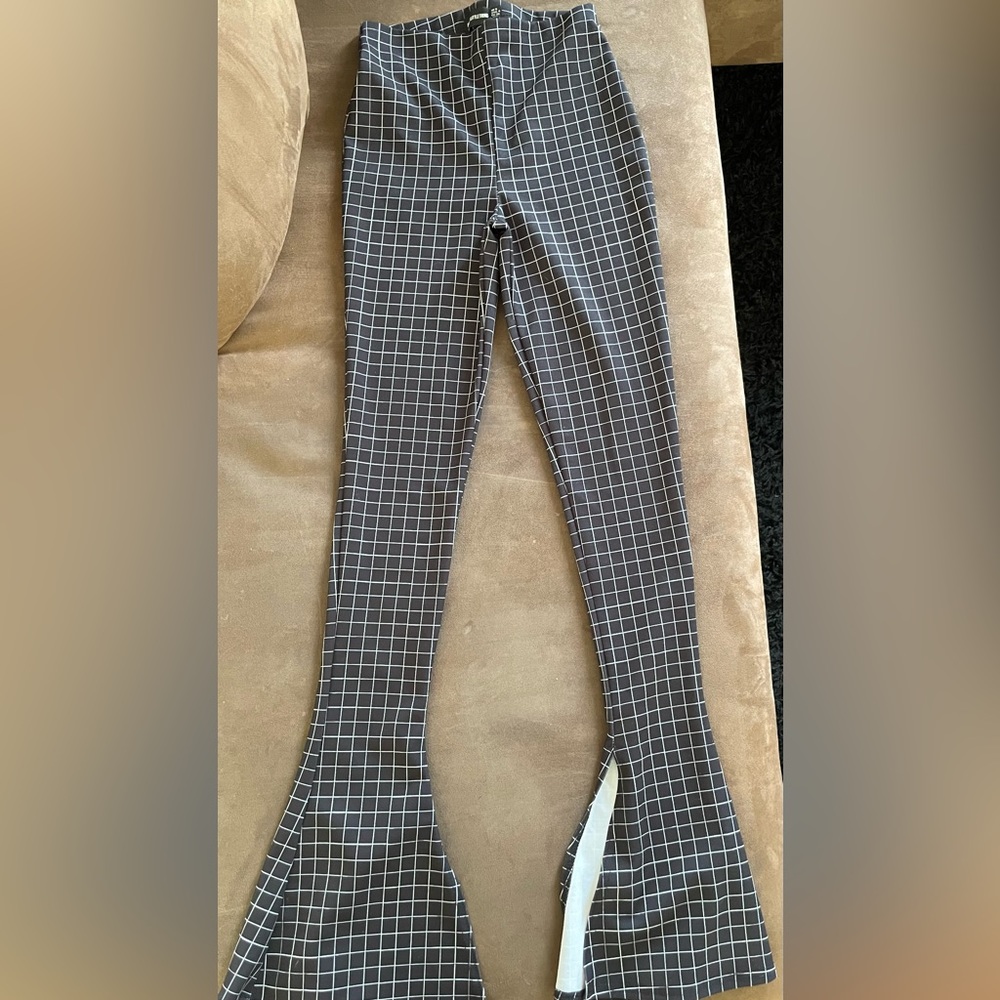 PrettyLittleThing Black Checkered Spilt Leg Pants